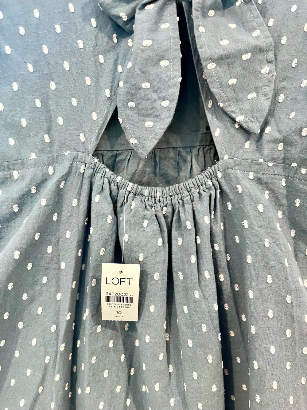LOFT Blue Swiss Dot Puff Sleeve Tie Back Babydoll Summer Dress NWT 10P